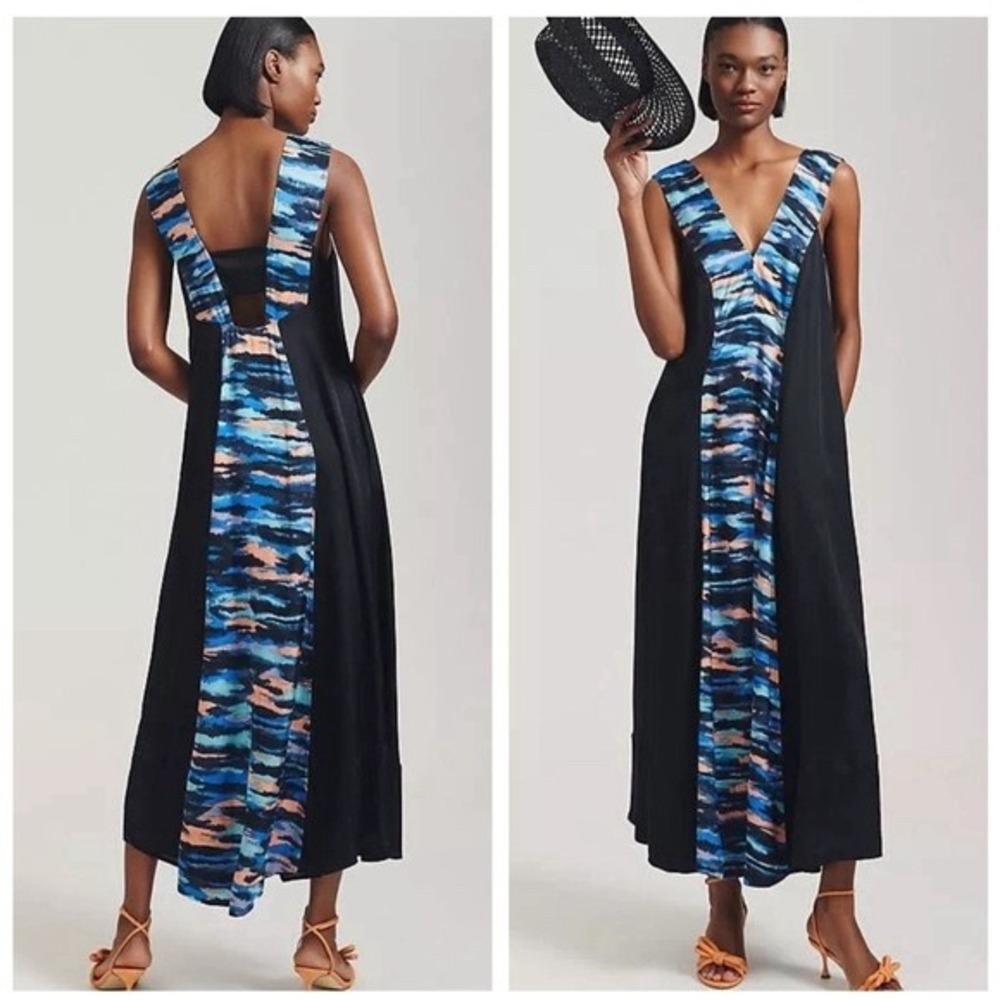 Anthropologie Maeve V-Neck Satin‎ Maxi Dress watercolor Beachy Size 4 New